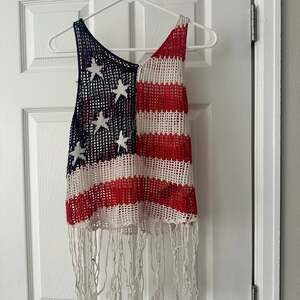 American Flag Crochet Tank Top with Fringe - Patriotic Summer Festival Vest